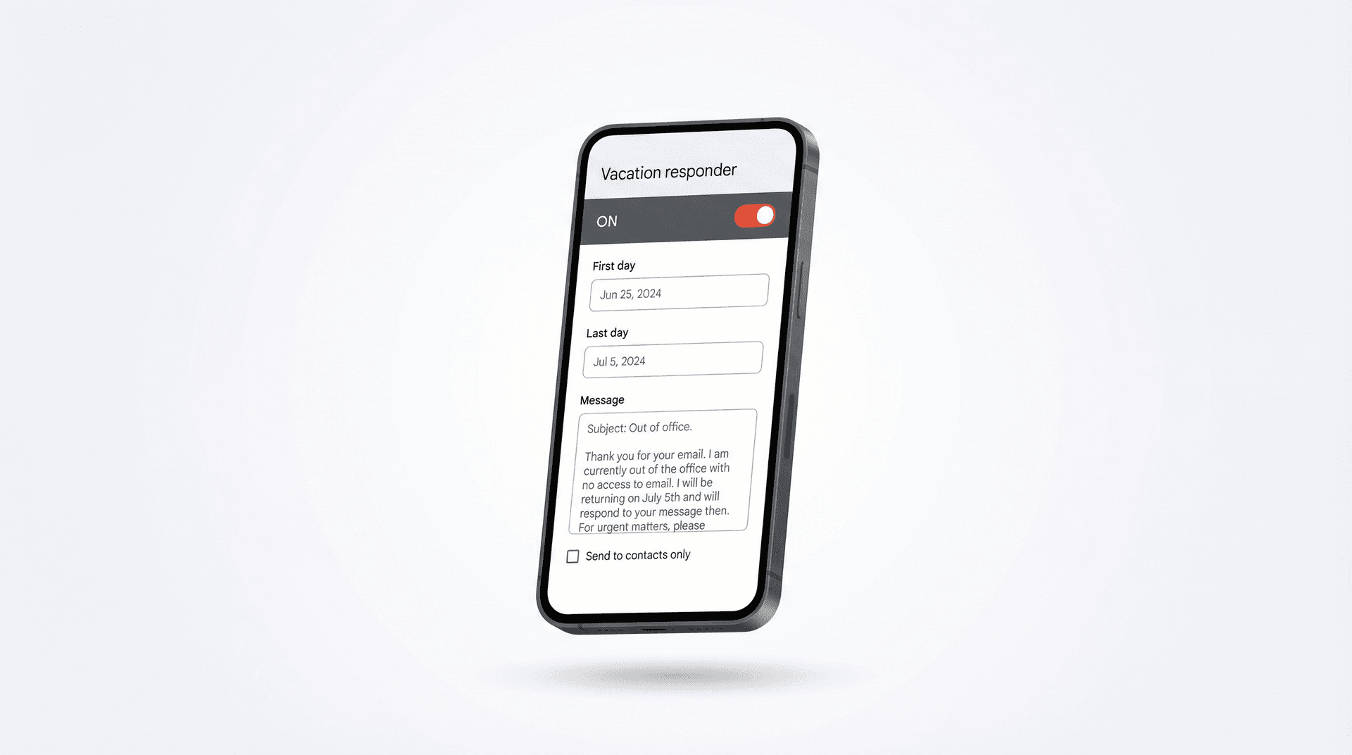 Gmail app on a smartphone showing the Vacation responder settings screen with toggle switched on and date fields visible