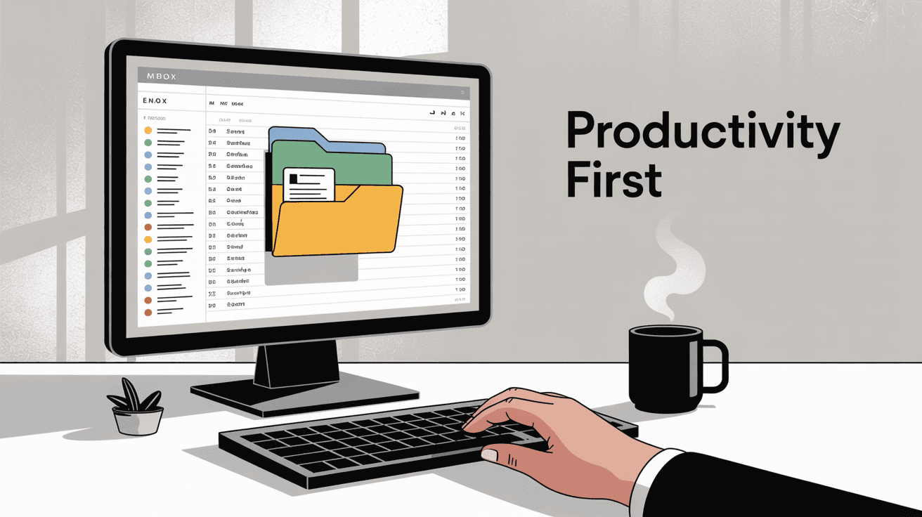 Professional workspace showing organized email management system with computer displaying efficient inbox organization